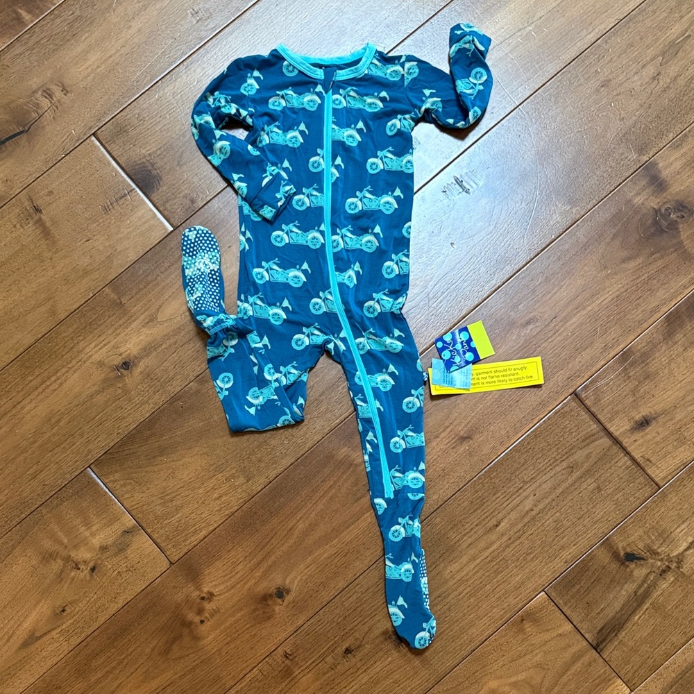 Kickee Pants Teal Motorcycle Print Kids Footie With Zipper